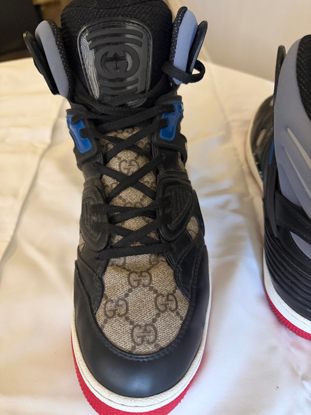 Gucci Black, Gray & Blue High-Top Sneakers with Red Trim - Picture 3 of 5